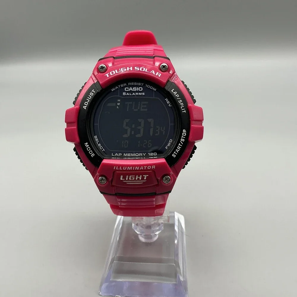 Casio W-S220 Mens Watch 48mm Digital Black Pink Tough Solar Illuminator 100m WR